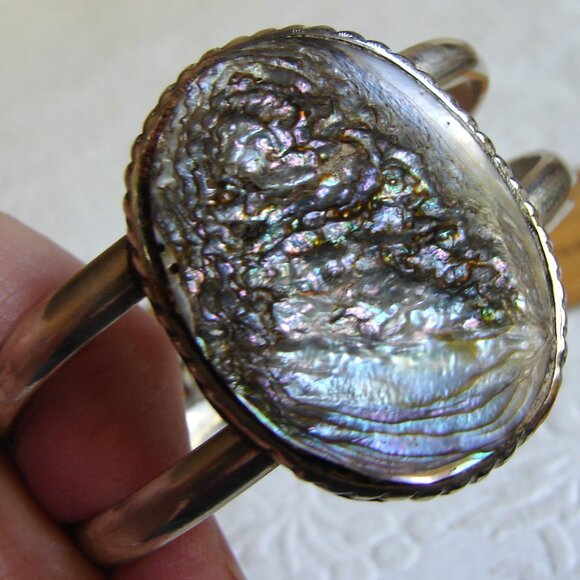Vintage Silver Cuff BRACELET w/ Large Abalone Cabochon, Southwestern D53 - Picture 1 of 10
